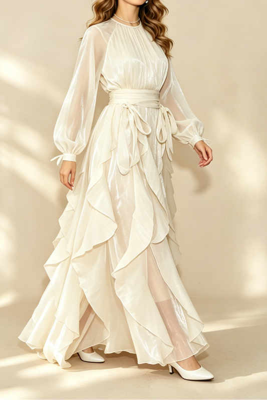 Champagne Shimmer Chiffon High Neck Tie Cuff Ruffled Maxi Gown