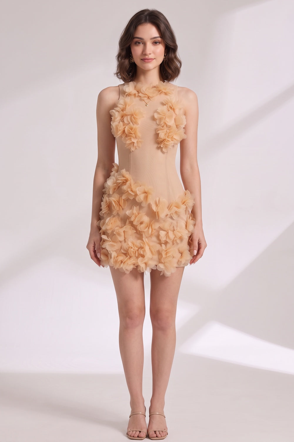 Beige Sheer Mesh Bodycon Mini Dress with 3D Floral Petals beige, peach sheer mesh mini dress - product view 4