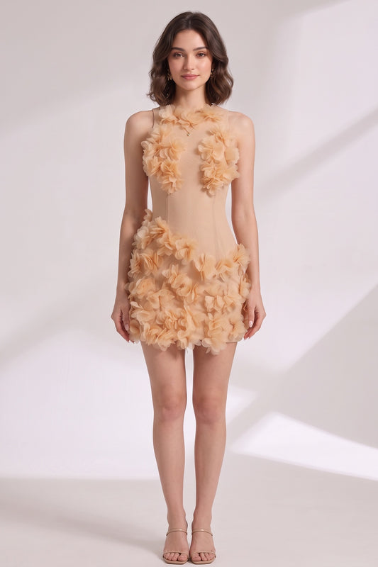 Beige Sheer Mesh Bodycon Mini Dress with 3D Floral Petals beige, peach sheer mesh mini dress - product view 4