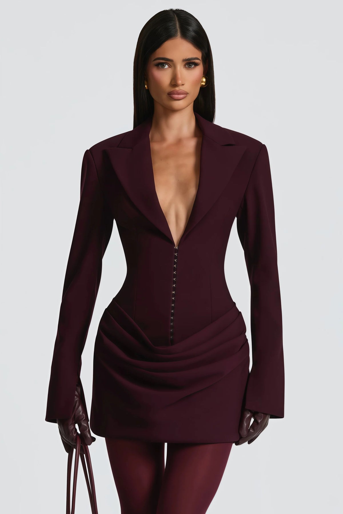 amelia v-neck ruched Blazer Mini Dress in Wine Red