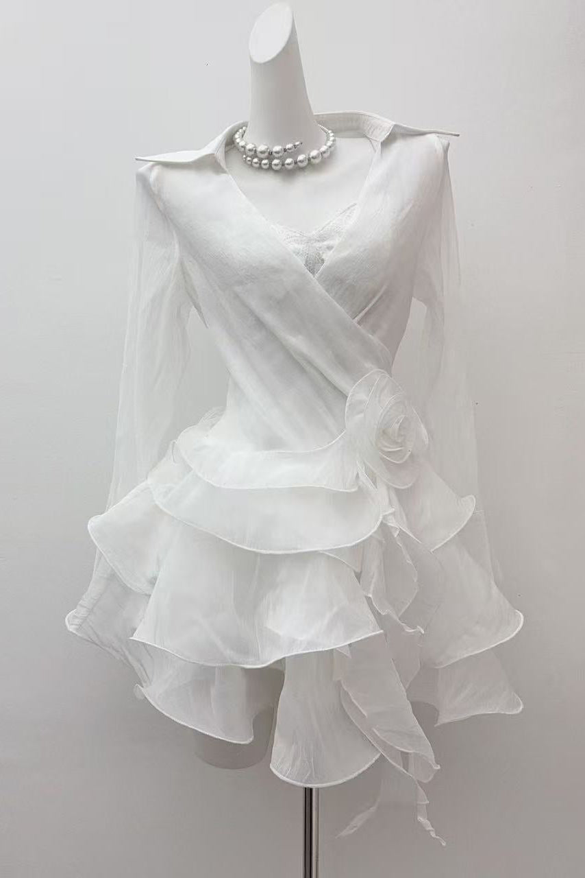 flower ruffle ribbon mini dress in white