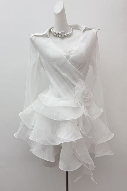 flower ruffle ribbon mini dress in white
