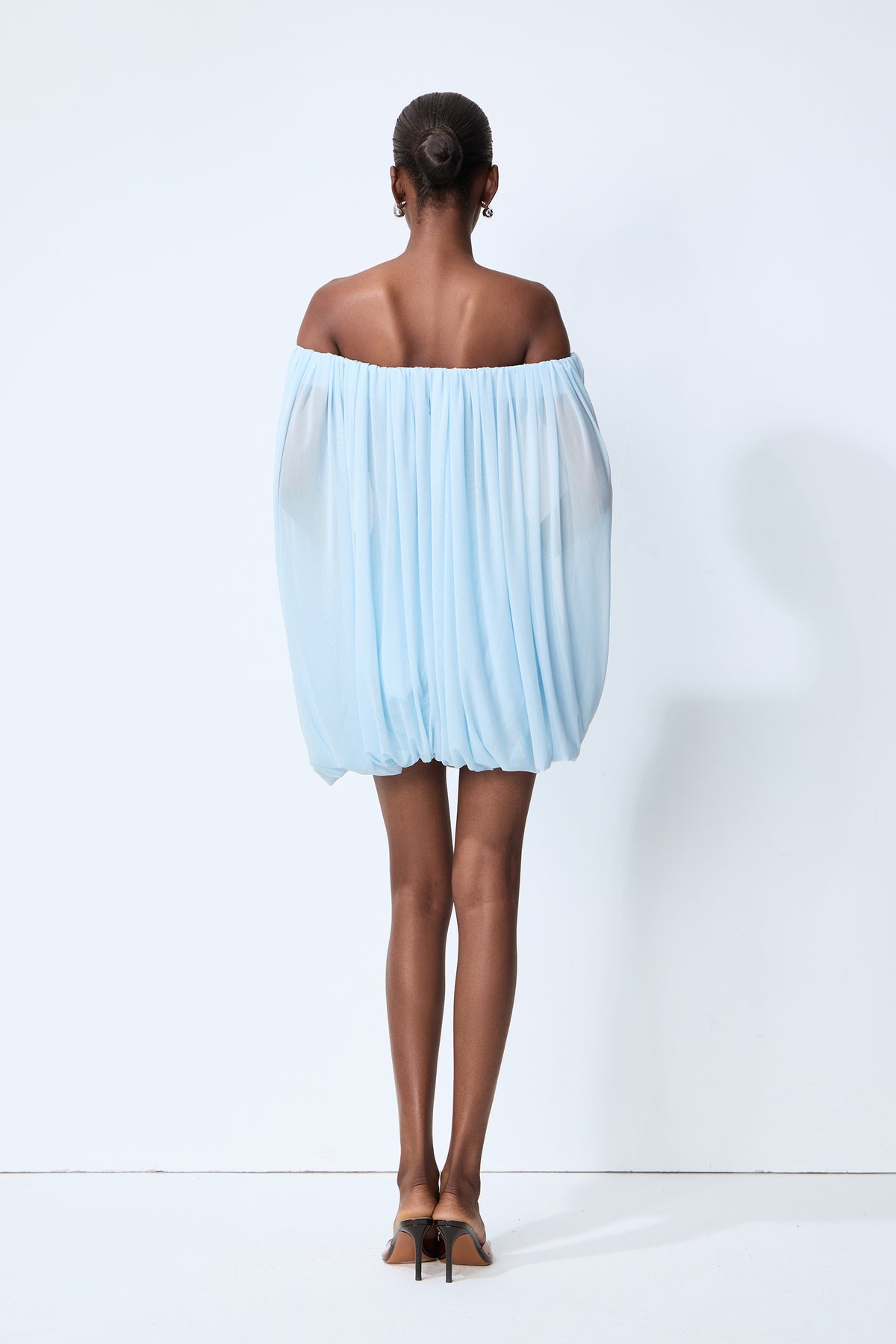 Light Blue Off Shoulder Draped Mesh Mini Dress With Floating Cape Sleeves