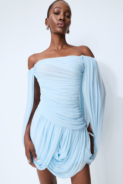 Light Blue Off Shoulder Draped Mesh Mini Dress With Floating Cape Sleeves