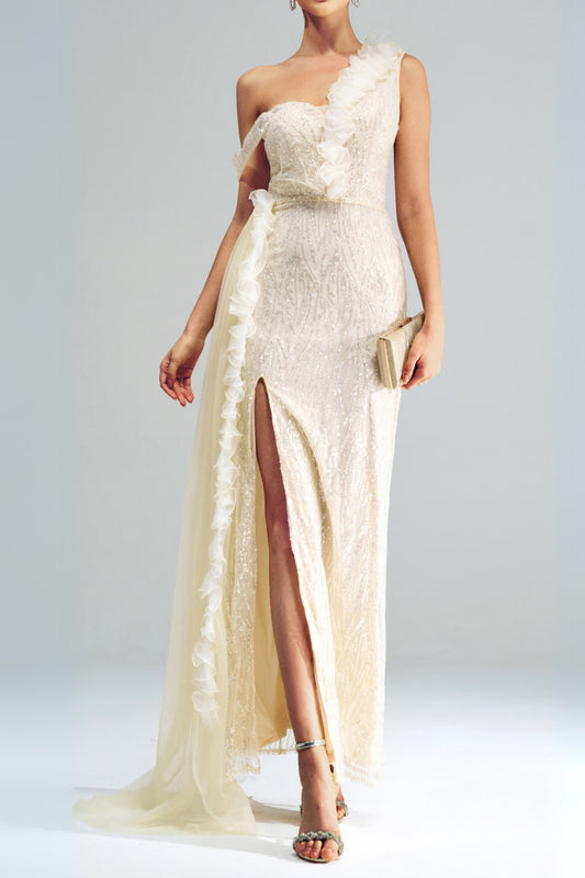 Spaghetti Strap Appliqued Floral Split maxi Dress