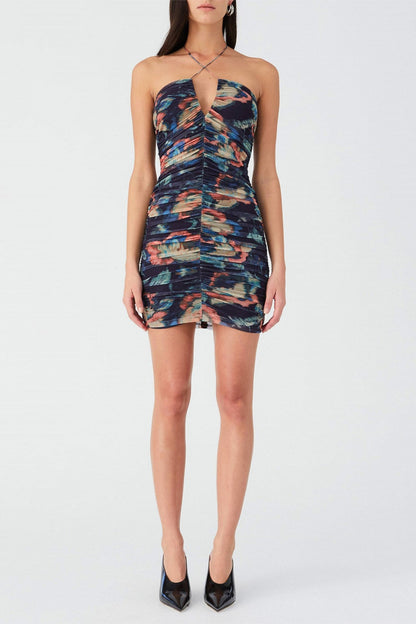 multicolor floral print pleated Bodycon Mini Dress