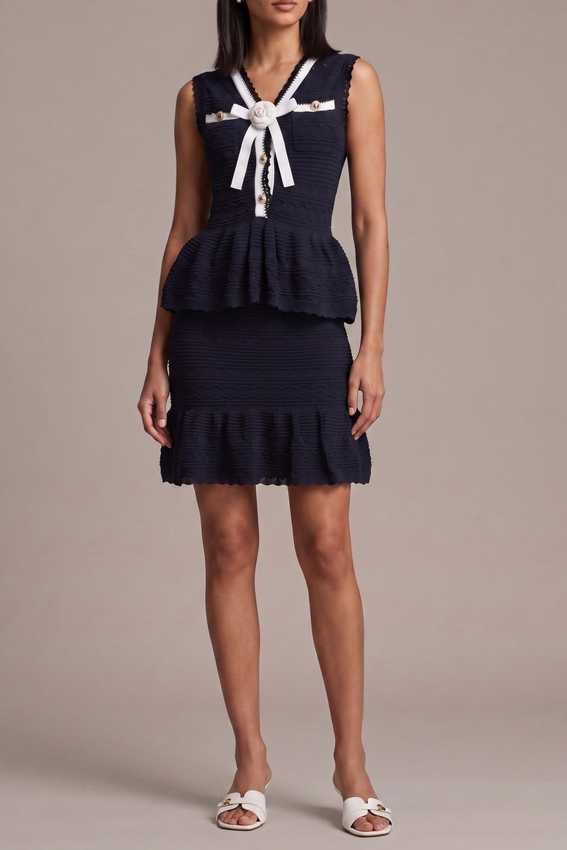 V-Neck Bow Lace Knit Peplum Top & Ruffle Hem Mini Skirt Two Piece Set