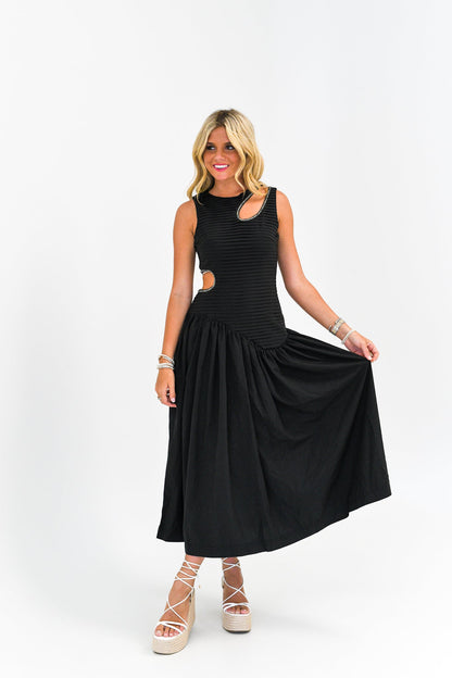 Kylie Drop Waist Cut Out Midi Dress-Black