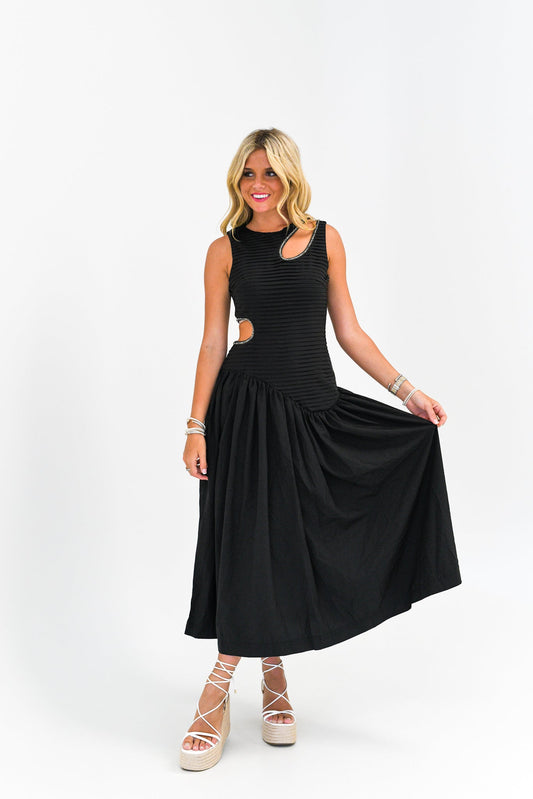 Kylie Drop Waist Cut Out Midi Dress-Black