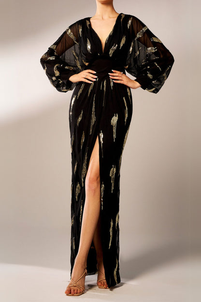 Lantern Sleeve Sequin Prom Dress