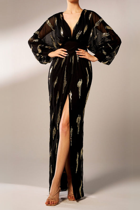 Lantern Sleeve Sequin Prom Dress