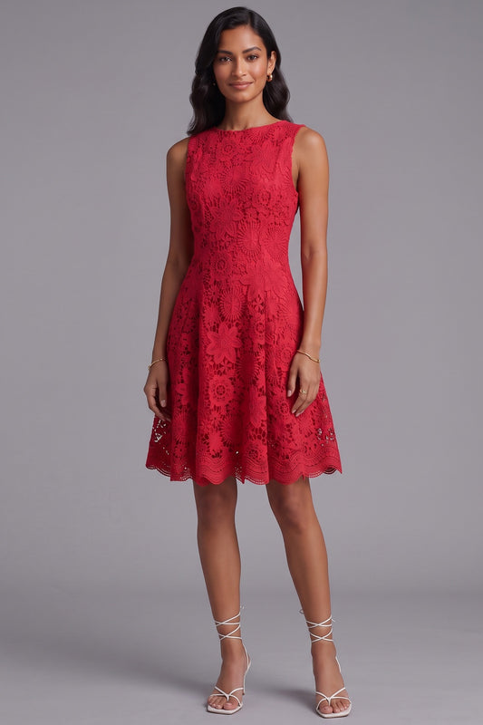 Red Guipure Lace Fit-and-Flare Dress red guipure lace dress - product view 4
