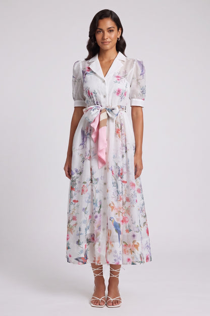 White Botanical and Faunal Print A-Line Midi Dress with Puff Sleeves white semi-sheer lightweight woven organza or ramie dress - product view 1