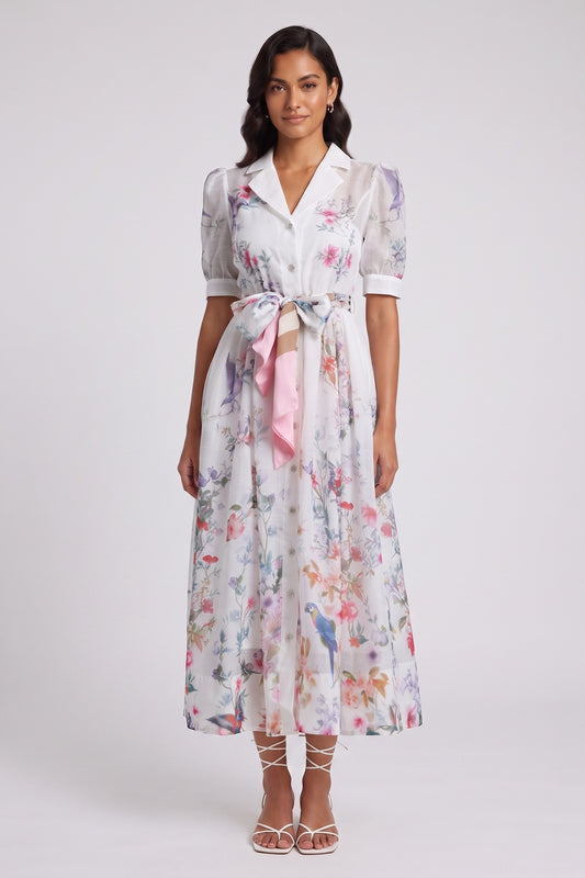 White Botanical and Faunal Print A-Line Midi Dress with Puff Sleeves white semi-sheer lightweight woven organza or ramie dress - product view 1