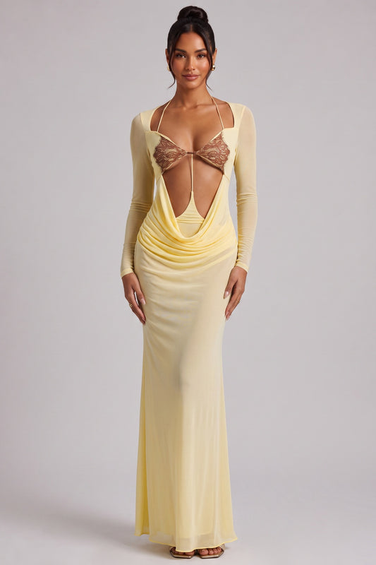 Pale Yellow Long Sleeve Maxi Dress with Cutout Detail Premium Fabric - product view 1