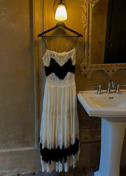 Black & White Lace Tiered Spaghetti Strap Maxi Dress