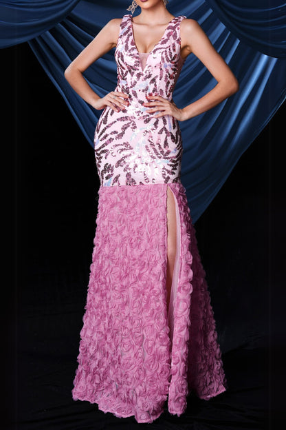 floral sequin split maxi dress in pink