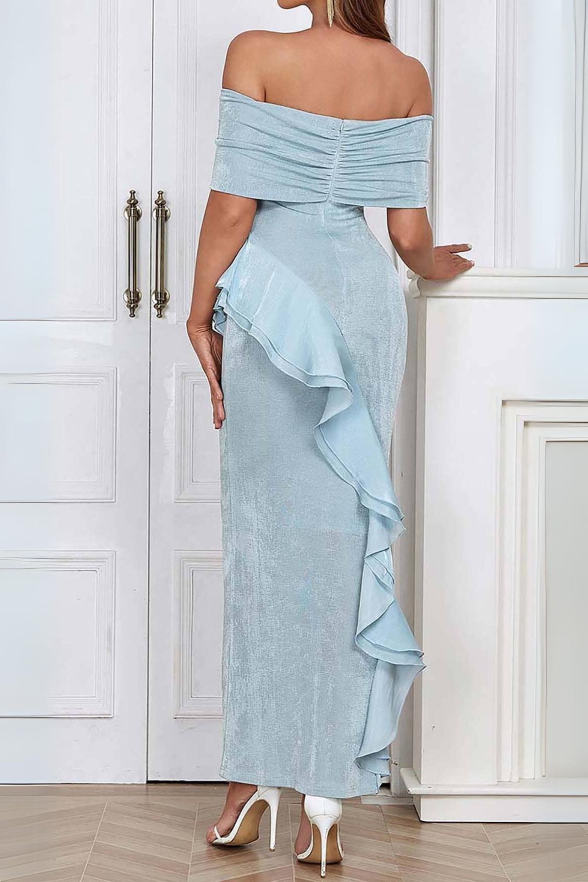 OFF SHOULDER RUFFLED MAXI DRESS IN TINGED BLUE