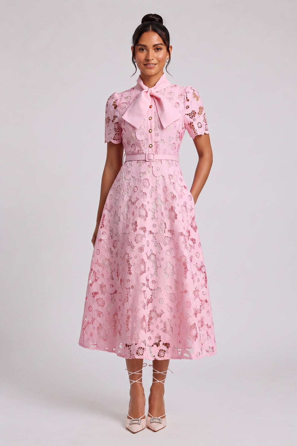 Light Pink Floral Lace A-Line Midi Dress light pink floral lace dress - product view 1