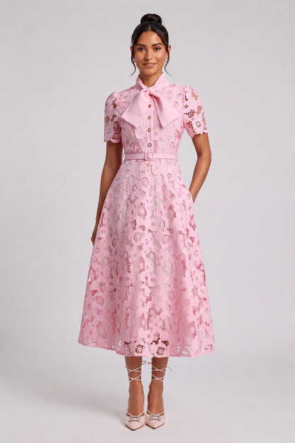 Light Pink Floral Lace A-Line Midi Dress light pink floral lace dress - product view 1