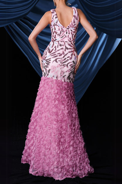 floral sequin split maxi dress in pink