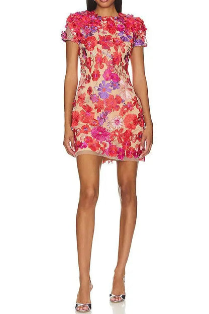 Embroidered applique slim mini dress in red