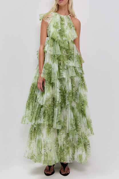 claire green floral print pleated layer maxi dress
