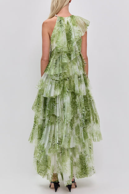 claire green floral print pleated layer maxi dress