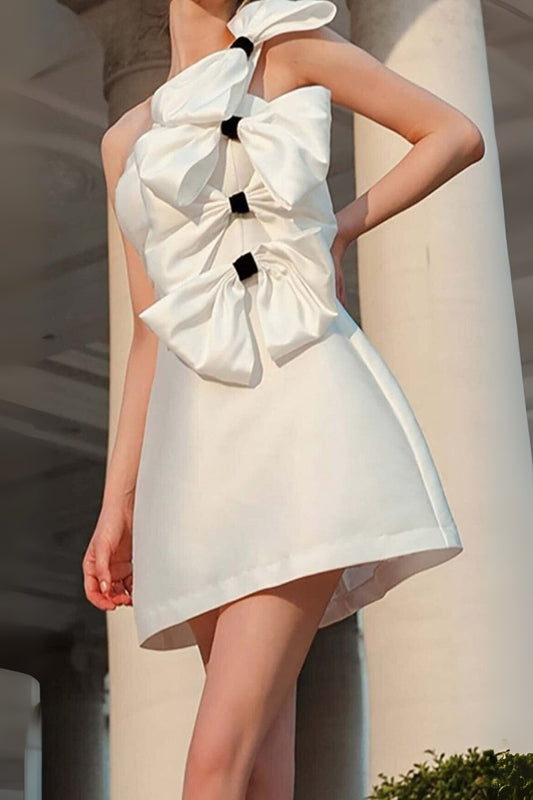 BOWS-EMBELLISHED  SLEEVELESS MIDI DRESS IN WHITE