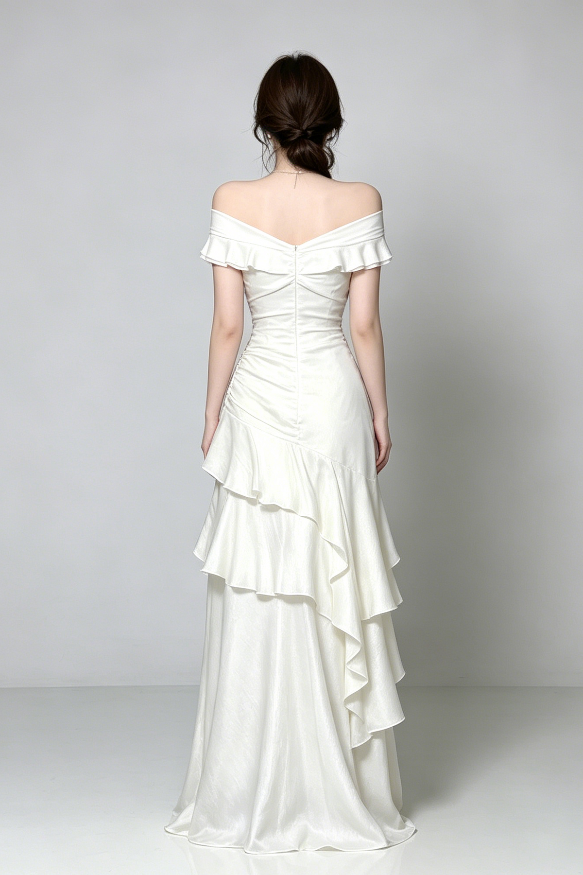 Off Shoulder Twist Ruched Tiered Ruffle Satin Maxi Dress