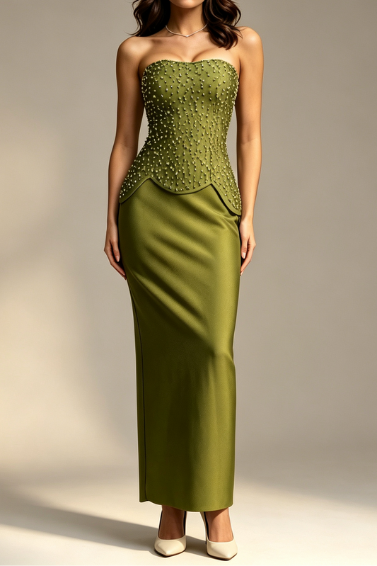 Olive Green Strapless Sweetheart Full Rhinestone Beaded Peplum Waist Mermaid Floor Length Formal Gown