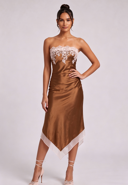 Bronze Satin Sheath Dress with Lace Applique