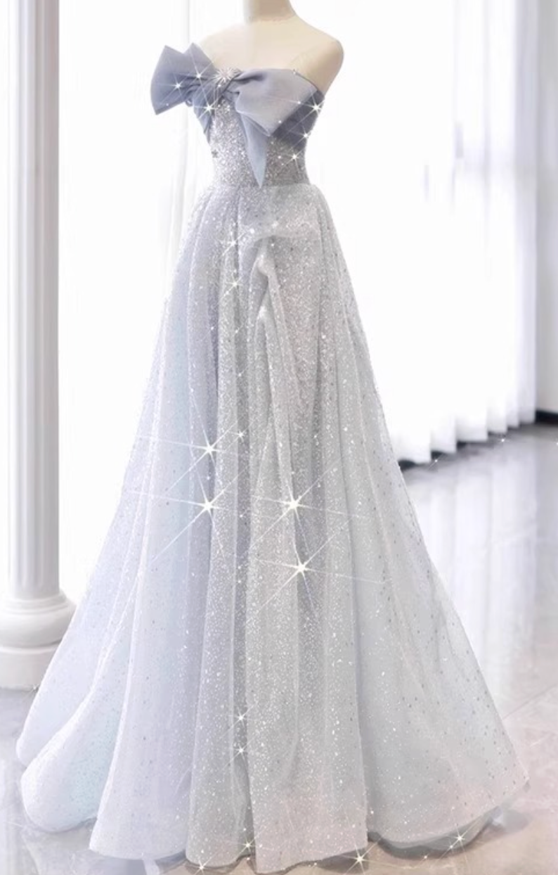 Silver-Blue Glitter Tulle A-Line Evening Gown