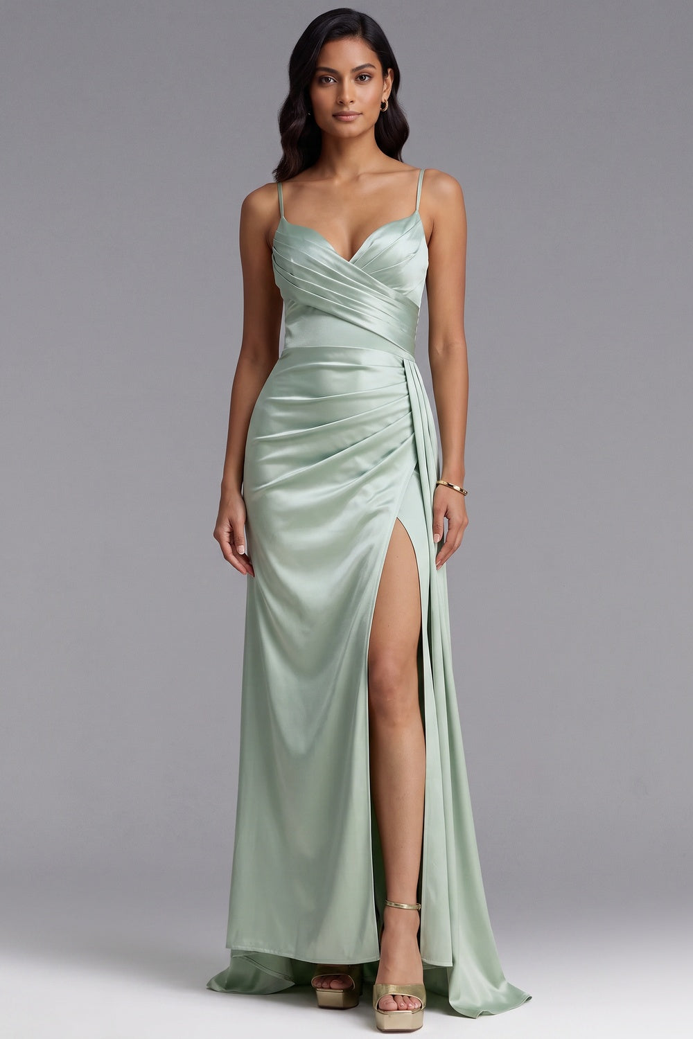Sage Green Satin Wrap Maxi Dress with High Slit Premium Fabric - product view 1