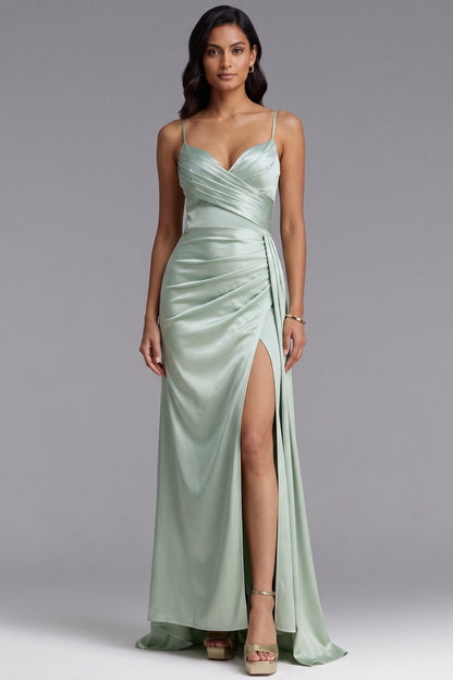 Sage Green Satin Wrap Maxi Dress with High Slit Premium Fabric - product view 1