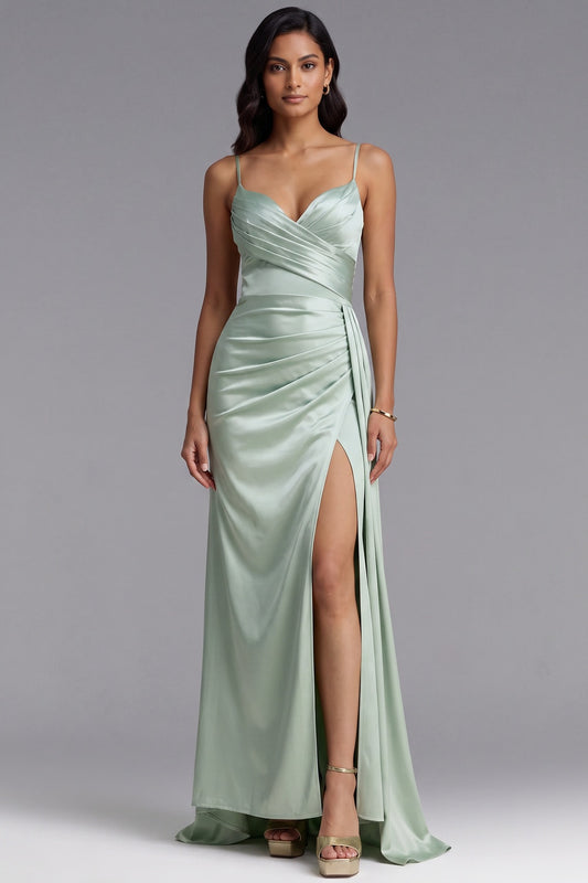 Sage Green Satin Wrap Maxi Dress with High Slit Premium Fabric - product view 1