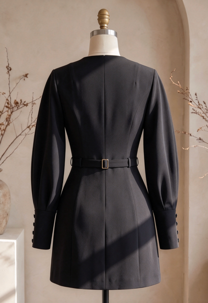 Black Structured A-Line Mini Dress | Puff Sleeves & Plunge V-Neck