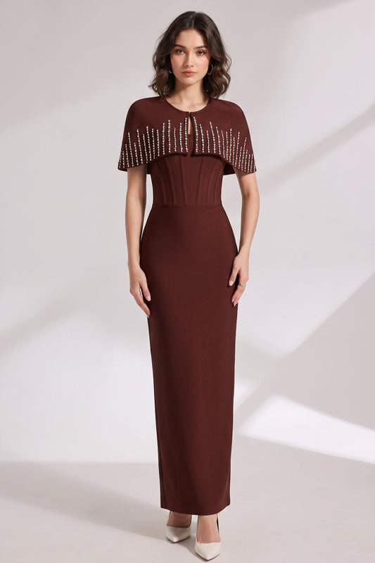 Dark Brown Structured Crepe Column Dress with Capelet Overlay dark brown structured crepe dress with capelet overlay - product view 1