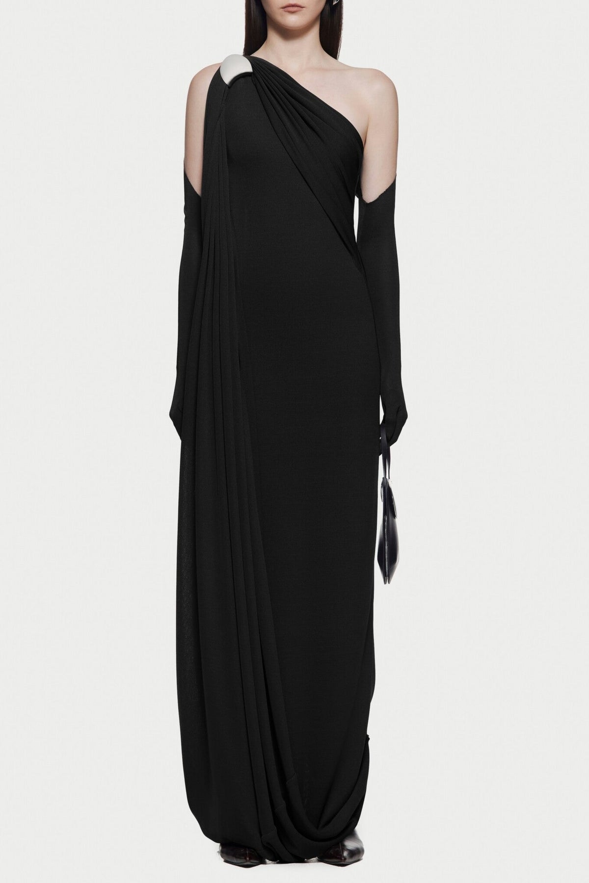 xaviera one-shoulder pleated backless maxi dress in black