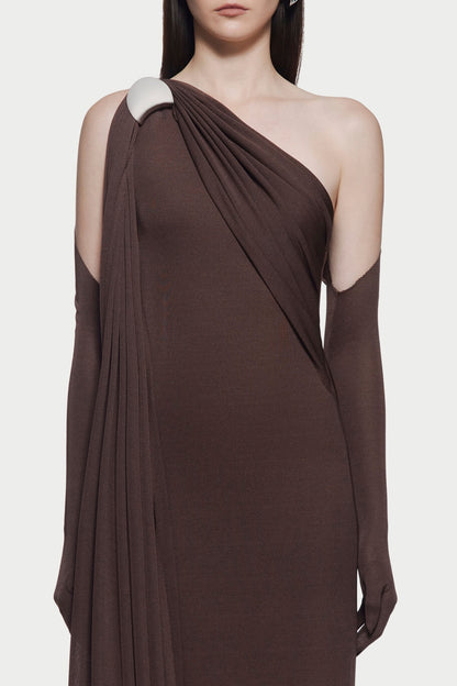 xaviera one-shoulder pleated backless maxi dress in brown