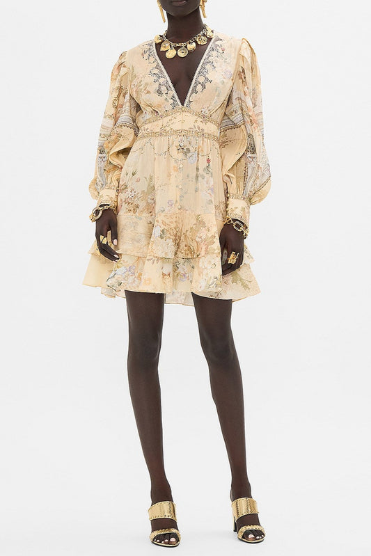 multicolor floral print v-neckline silk layer mini dress