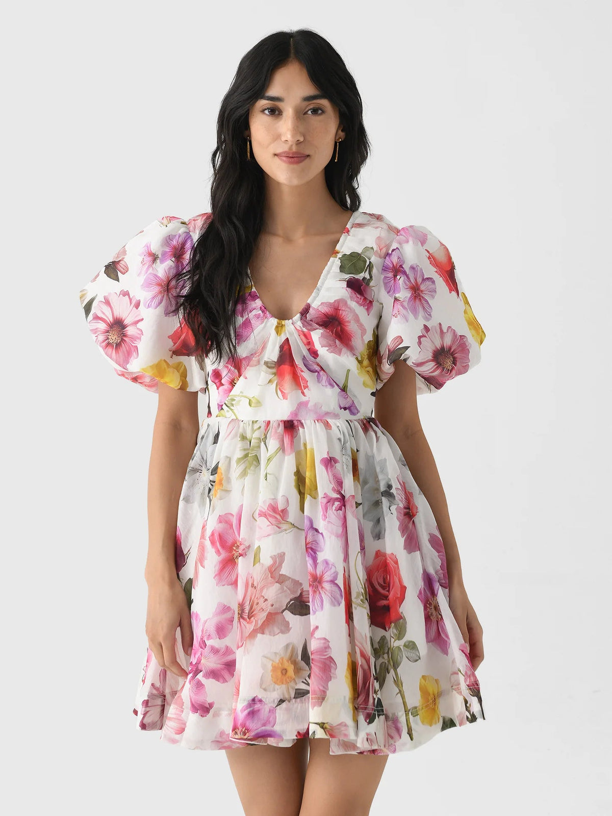 vanessa puff sleeve collage fleur mini dress