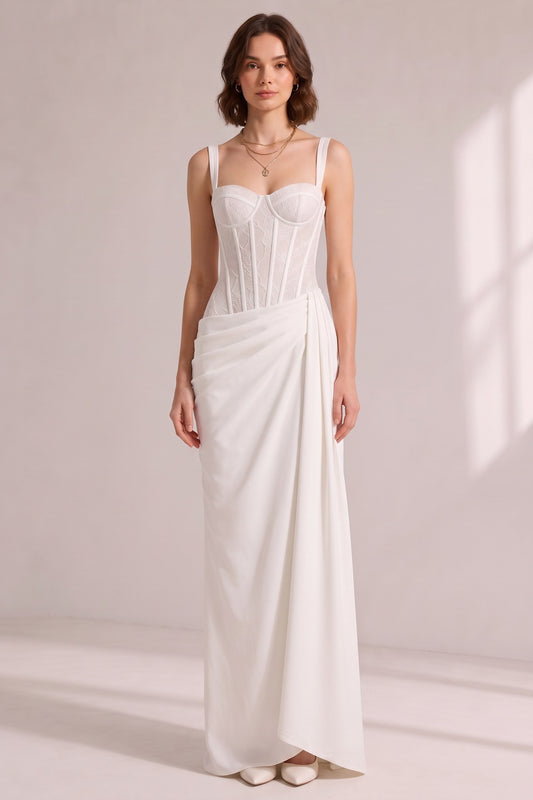 White Lace Corset Spaghetti Strap Draped Satin Maxi Gown
