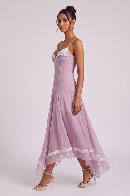 Dusty Lavender Sheer Chiffon Fit-and-Flare Midi Dress dusty lavender sheer chiffon dress - product view 4