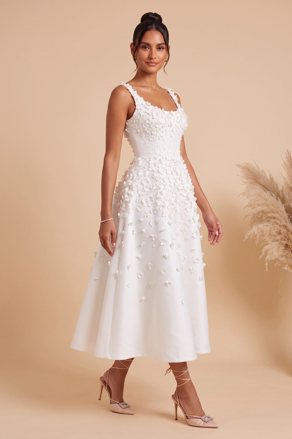 White Satin A-Line Midi Dress with 3D Floral Appliqués white satin dress - product view 4