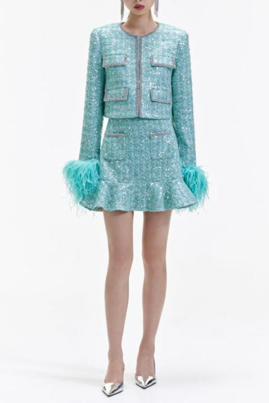 STEPHANIE BOUCLE FEATHER JACKET SUIT IN GREEN