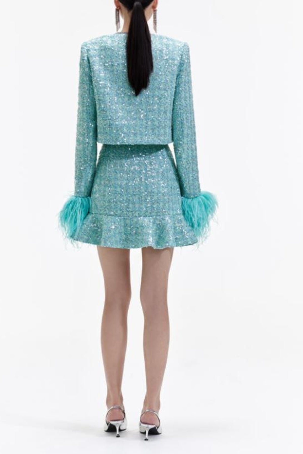 STEPHANIE BOUCLE FEATHER JACKET SUIT IN GREEN