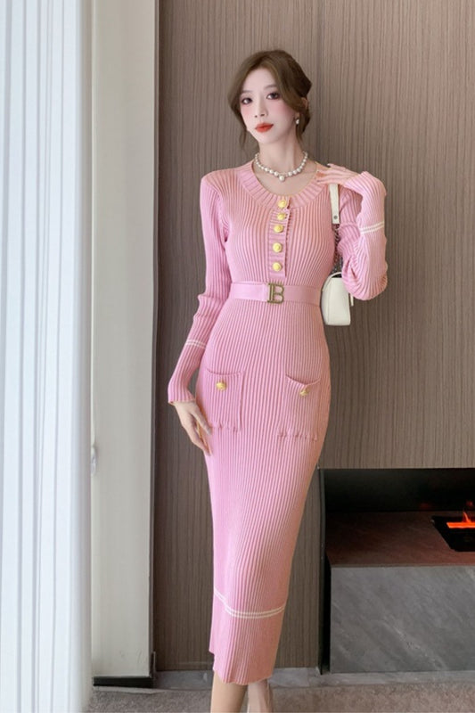 Metal Button Jersey Long Sleeve Midi Dress Pink