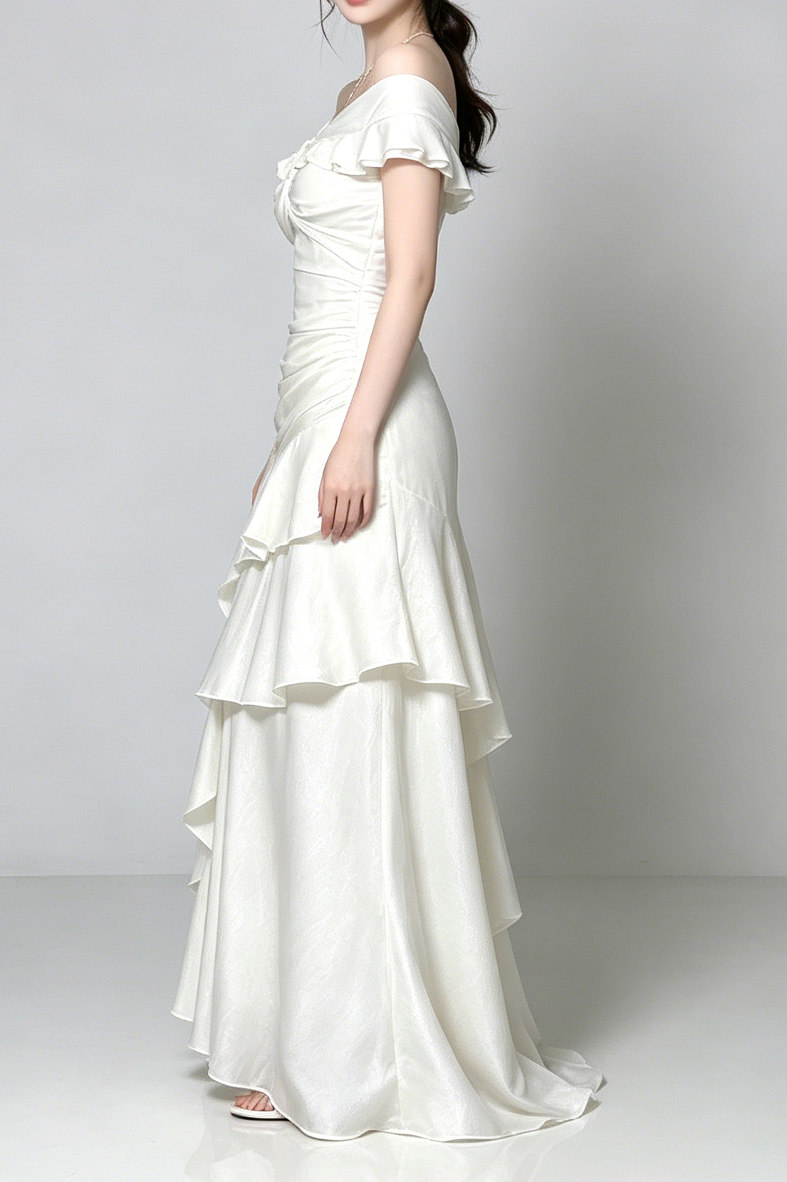 Off Shoulder Twist Ruched Tiered Ruffle Satin Maxi Dress