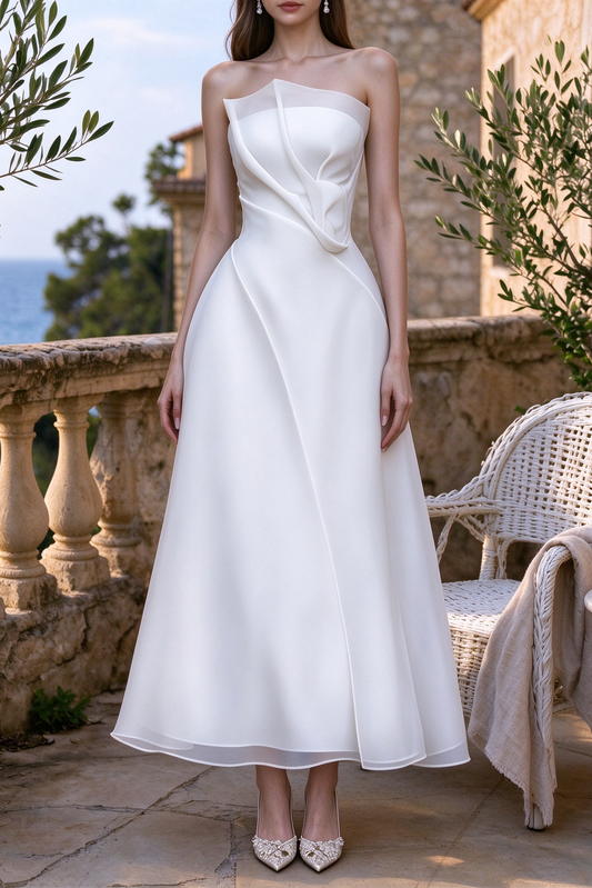 Strapless Layered Organza Midi Dress in white